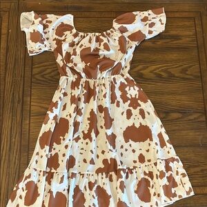 Brown and White Off the Shoulder Puff Sleeve Midi Sundress